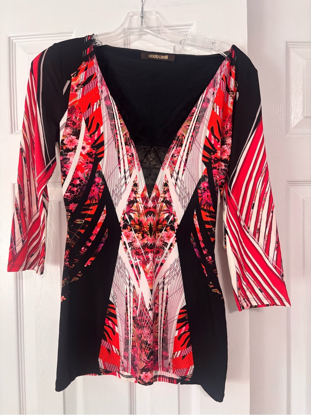 Roberto Cavalli Black, Red & White Printed V-Neck Tunic with lace women’s 42